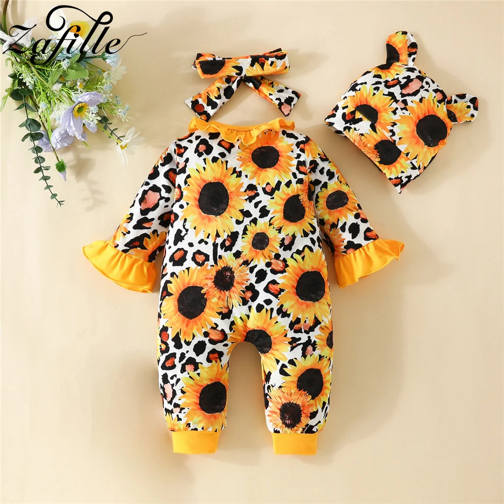 ZAFILLE Flare Long Sleeve Baby's Rompers Flowers Print Jumpsuit For Newborns Clothing Girls Sleepwear Ruffle Kids Infant Outfits