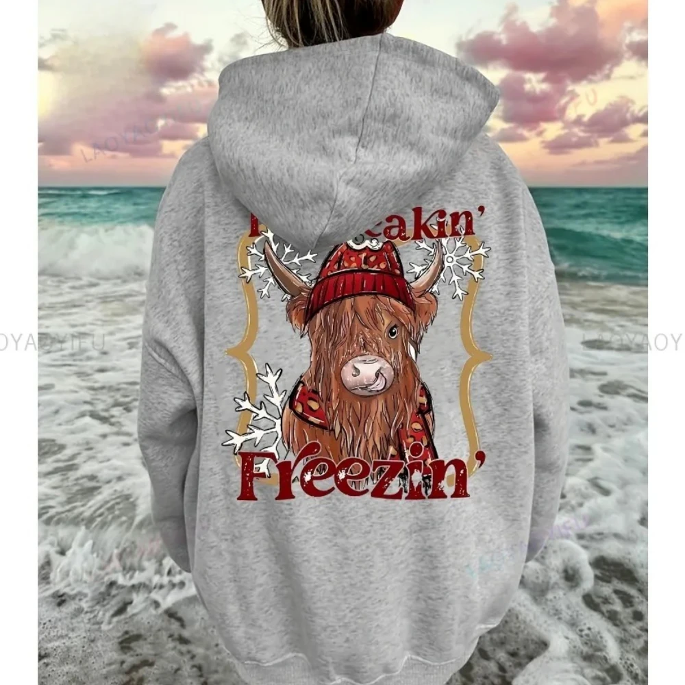 Cute Highland Cow Print Hoodie with Drawstring Casual Polyester Sweatshirt with Hood Alphabet & Animal Pattern Pocket Detail