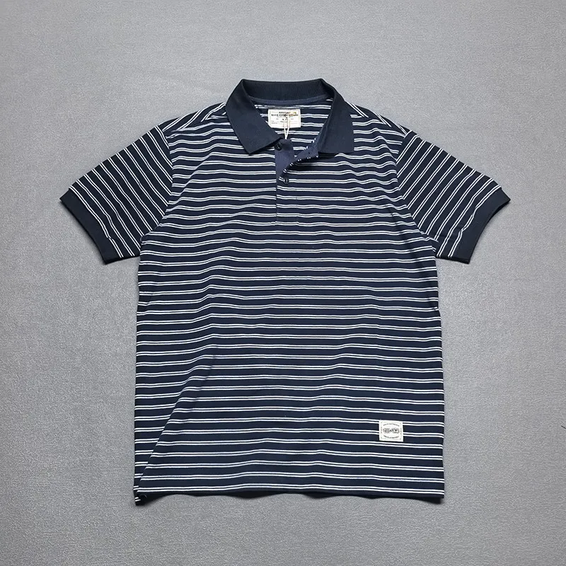 112 #   Sommer Neu Amerikanisch-Retro 230g Kurzarm-Poloshirt mit Revers und Matrosenstreifen für Herren, Modisches 100% Baumwoll-Washed-Casual-T-Shirt
