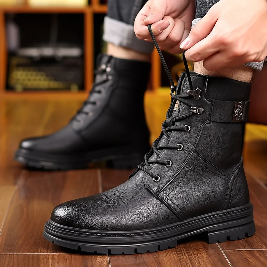 Herren-Winterstiefeletten, Schnürstiefel mit hohem Schaft und verstellbarer Schnalle, strapazierfähige Sohle für Wanderungen und Freizeitkleidung. – Detail 13