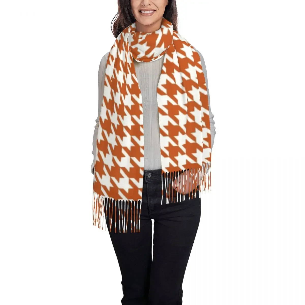 Orange Houndstooth Scarf for Women Stylish Winter Fall Wrap Shawl Geometric Puppy Tooth Tassel Wraps