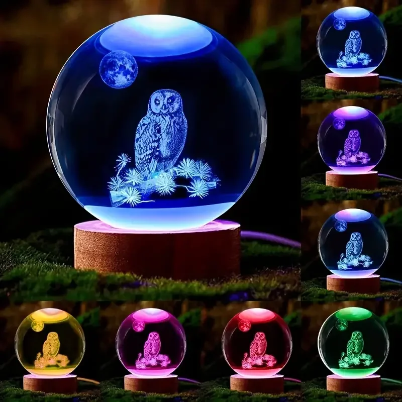 1 pc 3D Owl Crystal ball color laser engraving nightlight, holiday gifts for friends, family, home decoration nightlight