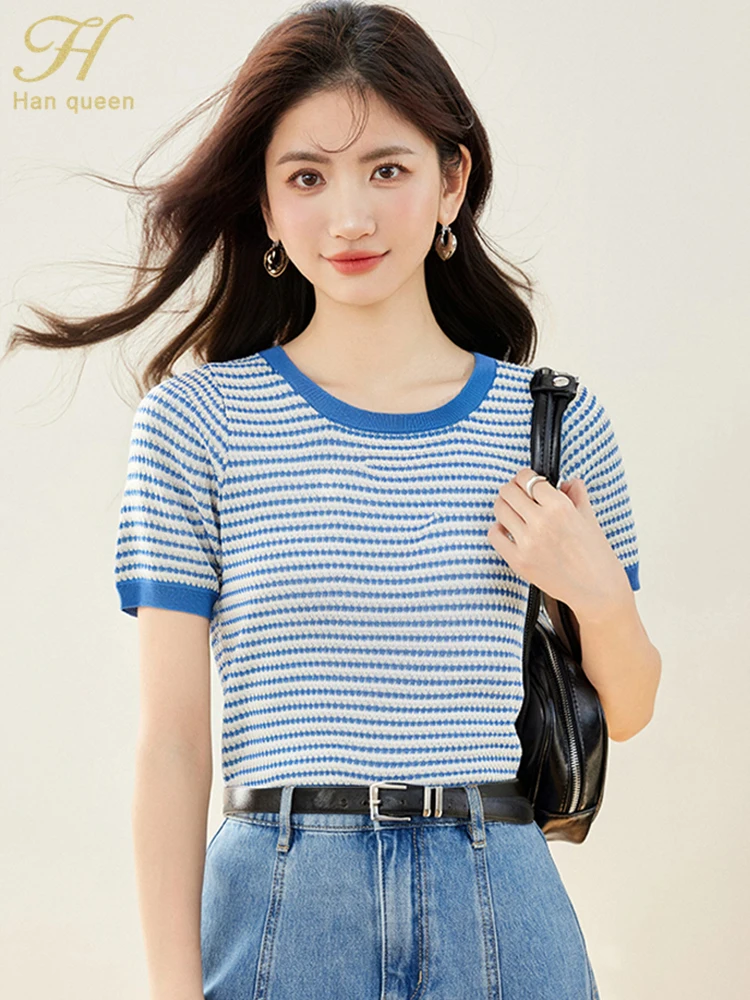 

H Han Queen Woman Clothing Stripe Vintage Work Casual Tops Elegant Short Sleeve Pullovers Sweaters Korean Reviews Many Clothes