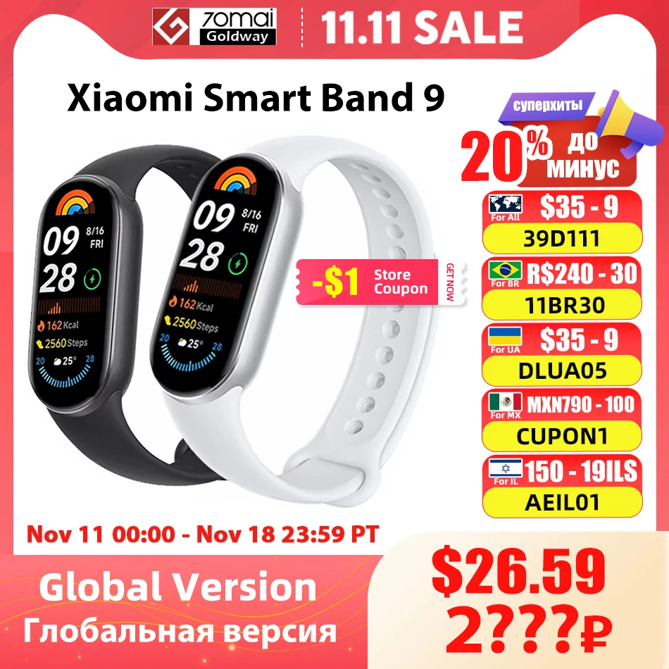 Глобальная версия Xiaomi Band 9 Mi Smart Bracelet 9 цвет AMOLED 1.62» ультра 21 день работы от аккумулятора наручные часы Miband кислород в крови