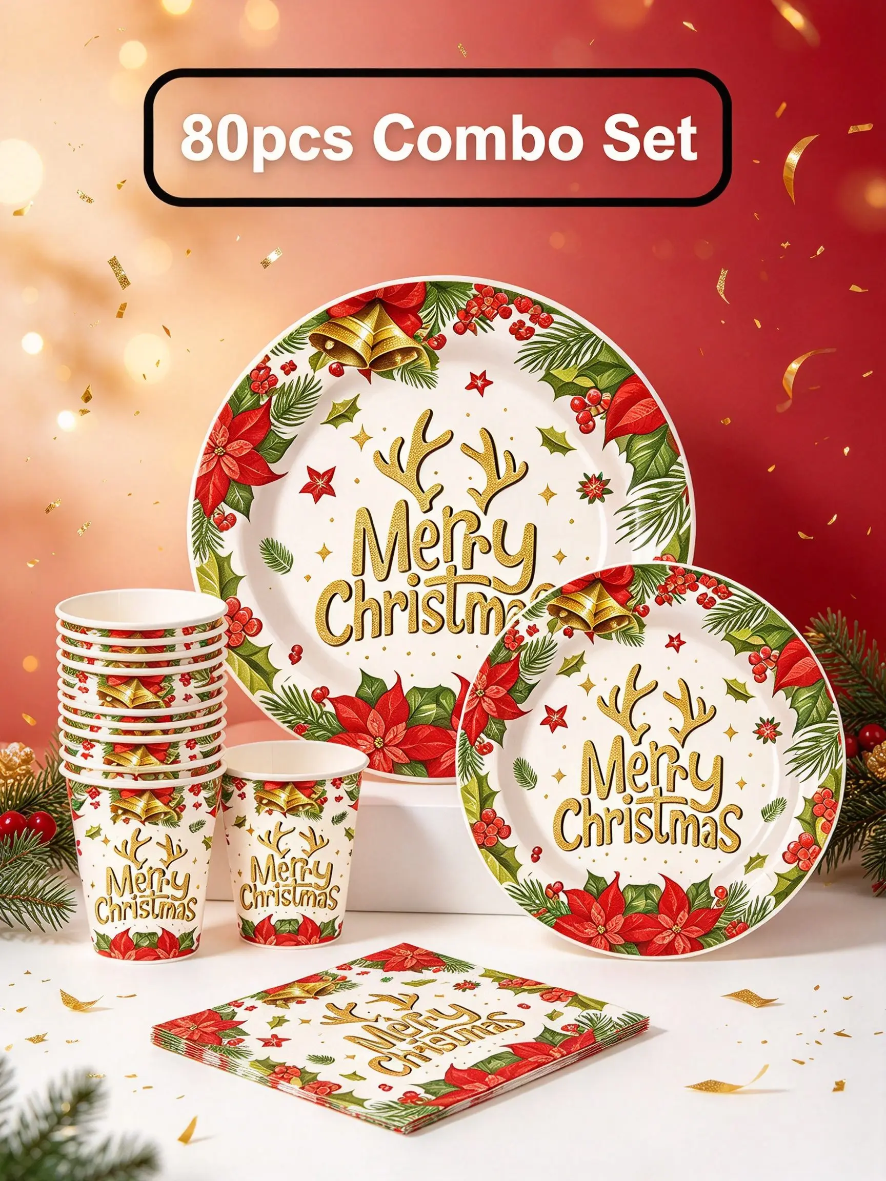 10/40/50/60/80Pcs Christmas Paper Tableware Set, Poinsettia Golden Bell Antler Print Plates Cups Napkins, Xmas Party Table Decor