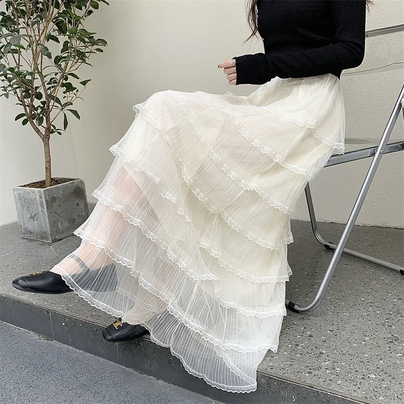 

Angelic Heavy Industry Lace Trim Skirt Cake Sle f-length Puffy Netting Slimming High-waisted Long Skirt Ciwalk Polyest...
