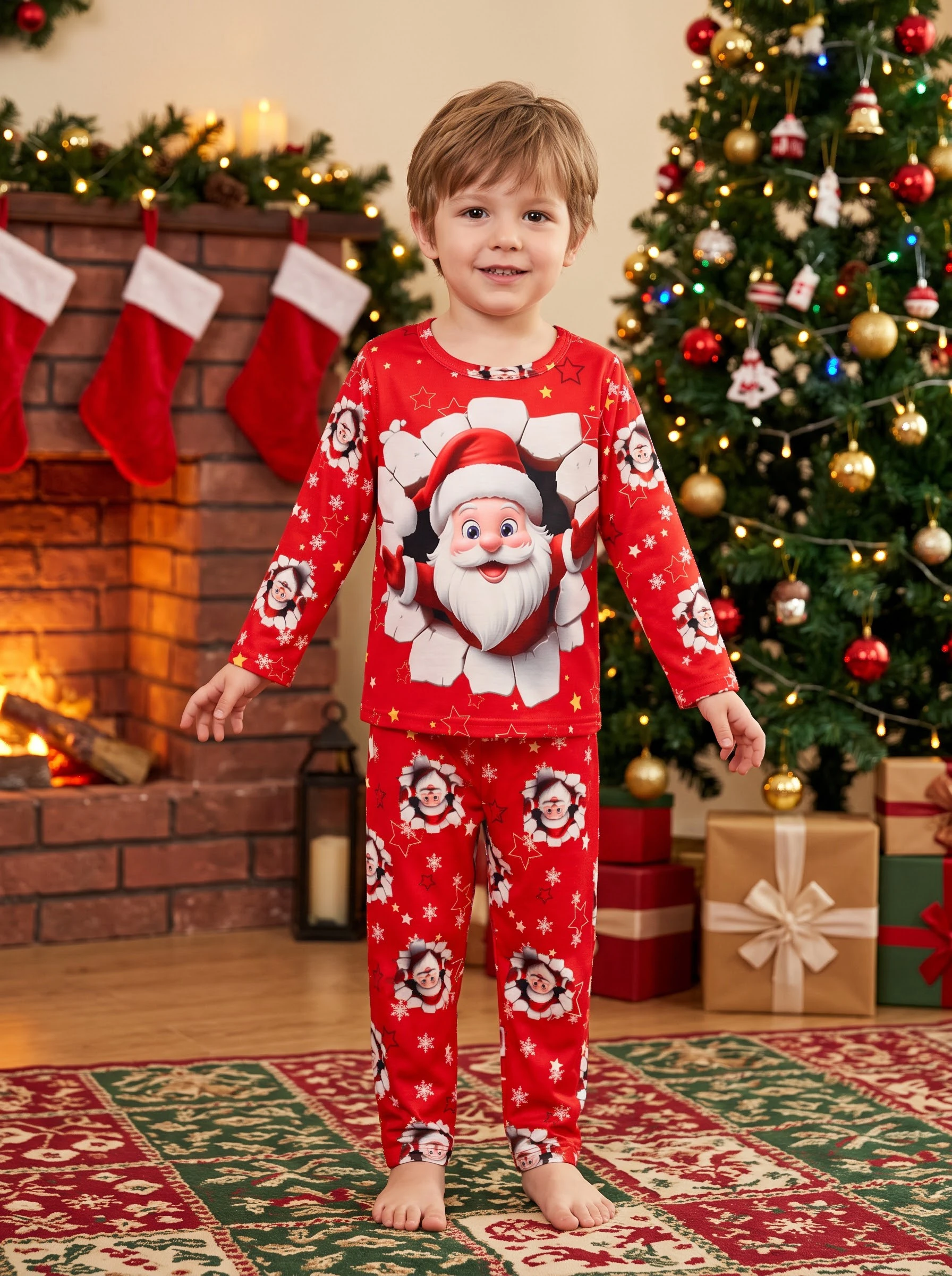 Boys Christmas Santa Claus Pajamas Set Flame Resistant Long Sleeve Top Pants Kids Snowflake Print Sleepwear Home Clothes