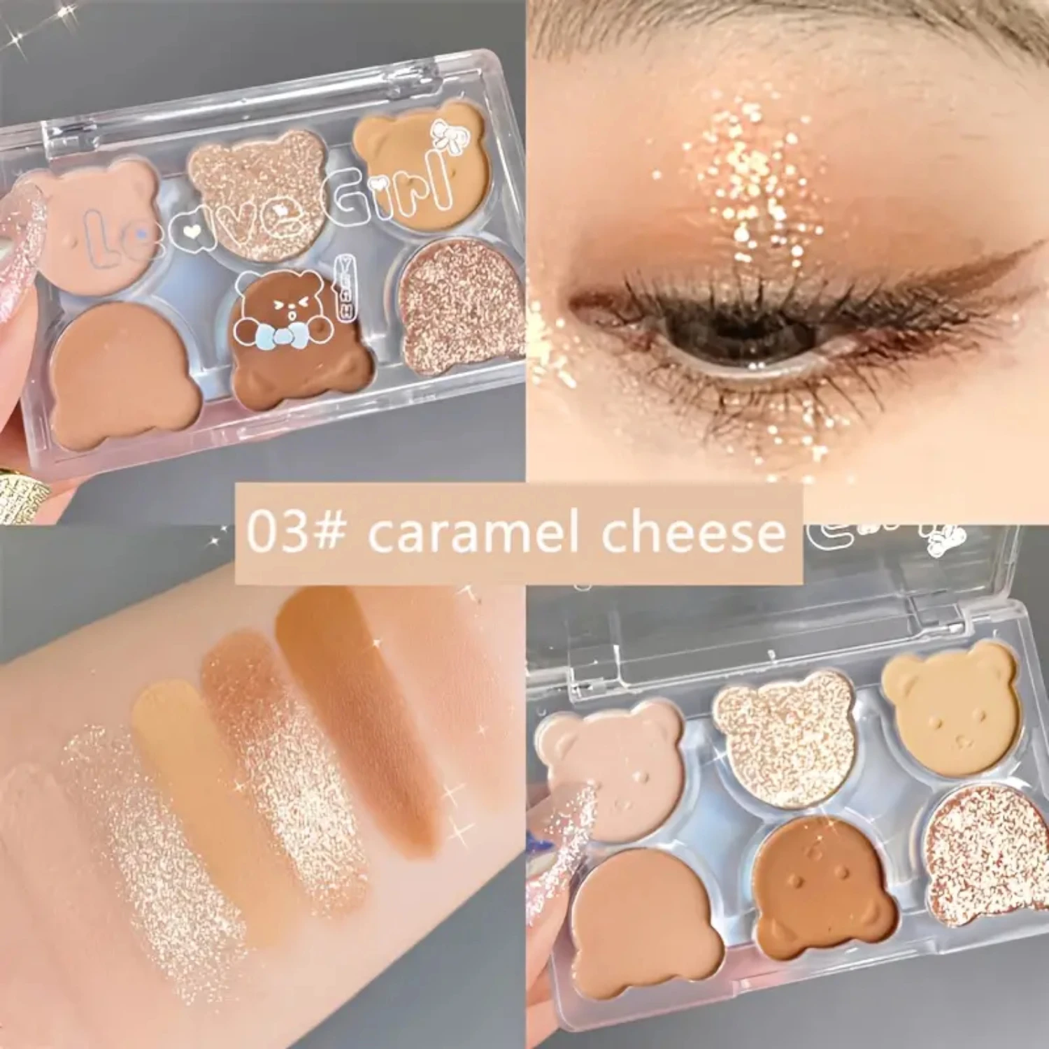 Bright 6 สีติดทนนาน Shiny Glitter อายแชโดว์ Contouring Powder ถาด - Bear Plate Eye Shadow Palette สําหรับหญิง, 6 in 1