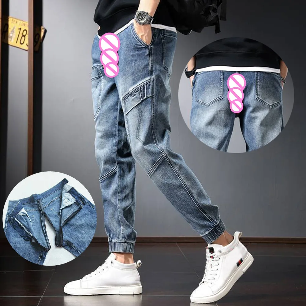 Autumn Versatile Fashion Vintage Cargo Jeans Men's Invisible Open Crotch Outdoor Sex Harlan Pants Exotic Men Clothing Slacks