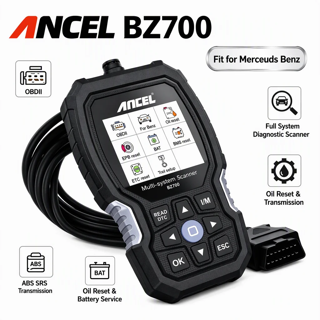 Ancel All System OBDII Diagnostic Scanner Fit for Mercedes BENZ Vehicles Professional Car Fault Code Reader Support ABS SRS Oil Reset Battery Service Special Tool