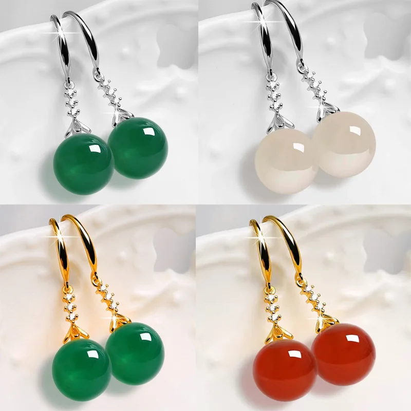 New natural agate earrings female temperament chalcedony green agate earrings net red new emerald long earrings anti-gem earring