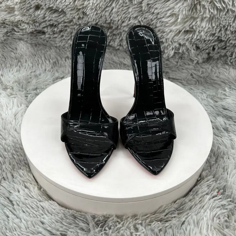 

Summer new fashionable European and American fine heel pointed patent leather stone pattern sexy and beautiful cool slippers12cm