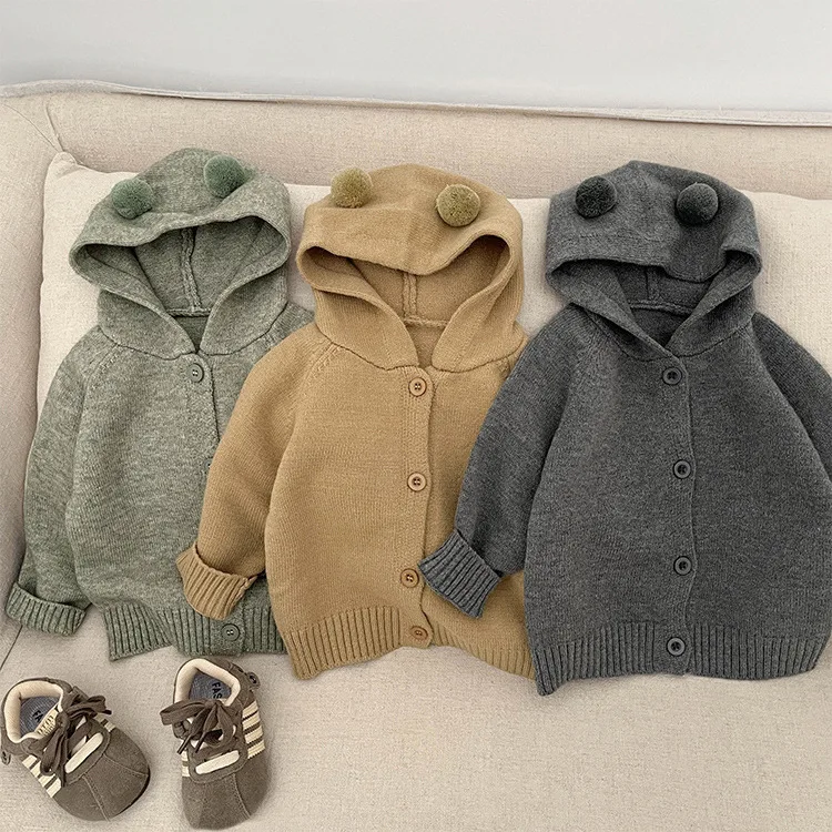 

Свитер для маленьких мальчиков, осень 202, вязаный кардиган с капюшоном для маленьких мальчиков, однотонный повседневный трикотаж для новорожденных мальчиков