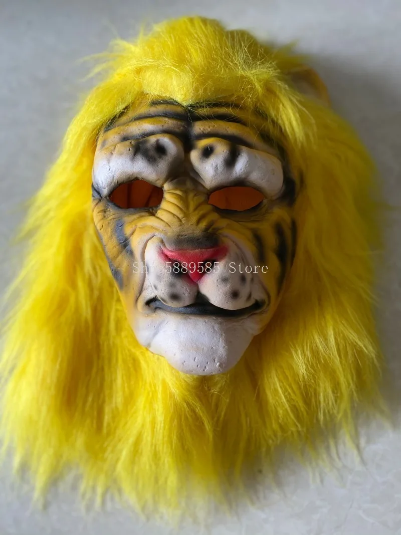 Tiger Mask Full Head Latex Mask with Hair Mens Scary Horror Mask Fancy Dress for Halloween Cosplay Carnival Party Costume Props