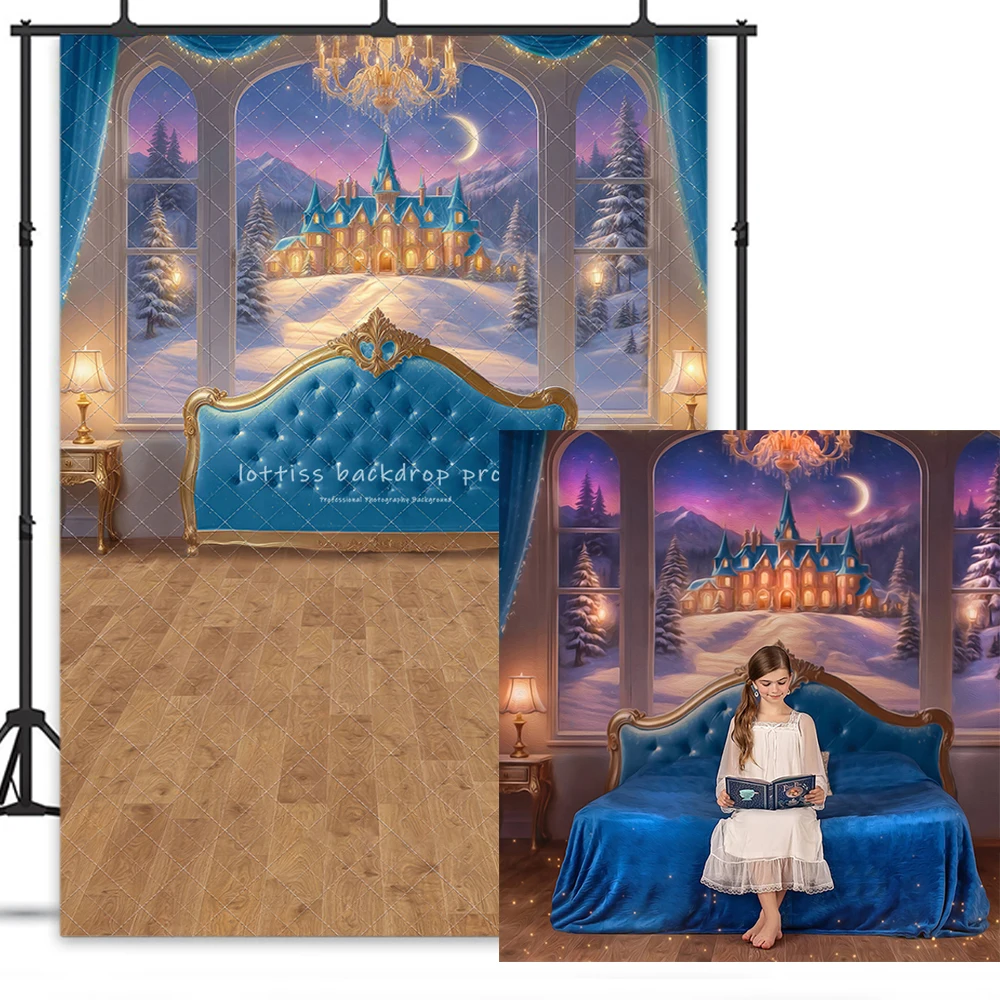 Holiday Fairytale Slumber Blue Bed Headbord Backdrops Kids Adult Photography Child Baby Photocall Castle Bedroom Backgrounds