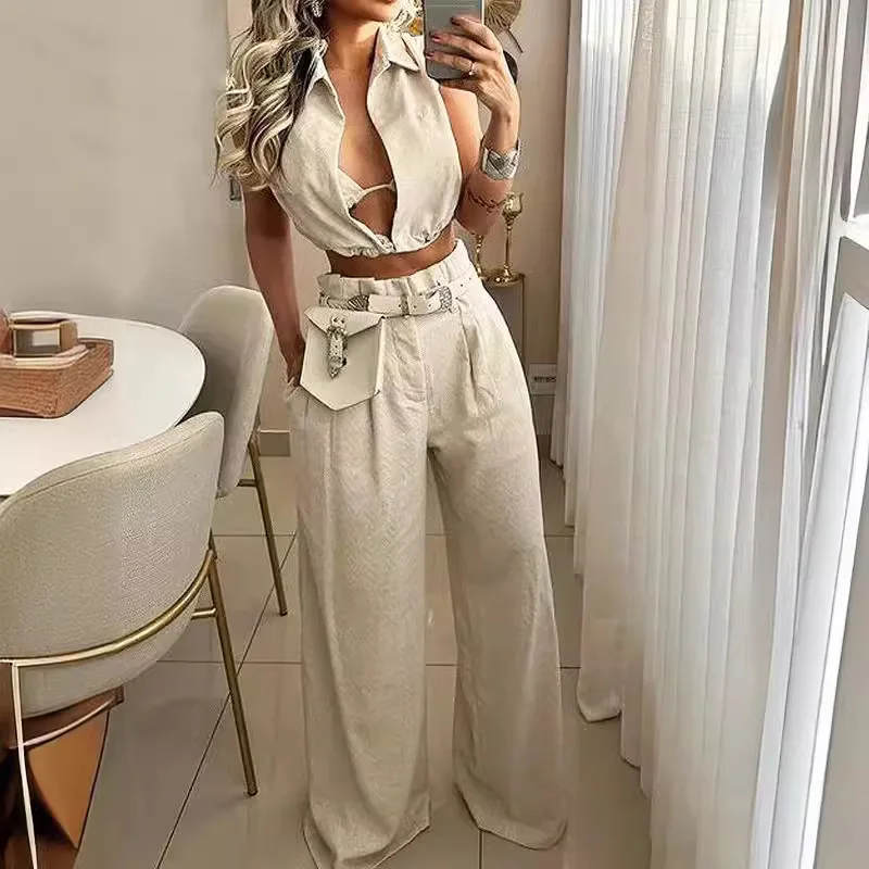 

2024 Faion Casual Svel Two-Piece Set irt Collar Rope Multi-ket Set Women's Leisure Sportswear Ensemble