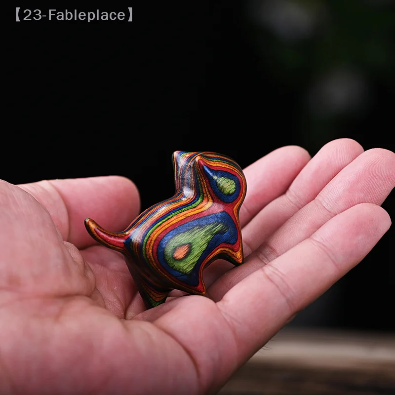 Rainbow Wood Carving Cat Sculptures Cat Ornaments Cute Colored Wooden Cat Turtle Rabbit Chick Snake Miniature Wooden Figurine