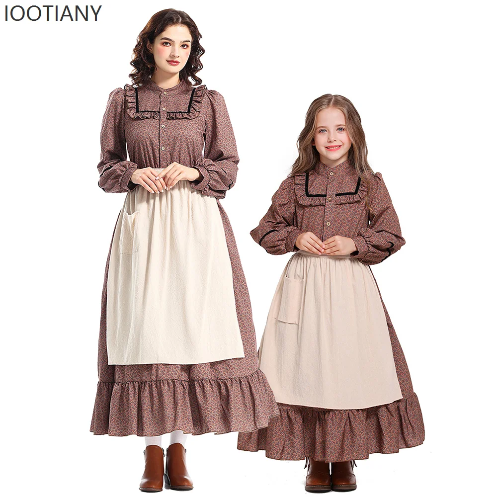 

Mother Daughter Victorian Medieval Dress Carnival Party Role Play Costume Woman Girl Brown Floral Dress Performance Costume