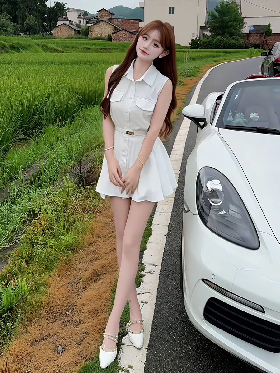 Summer New Korean Sle Pure Color Svel  Collar irt Dr Women's Design Slimming ort Skirt High Waist A-Line D...