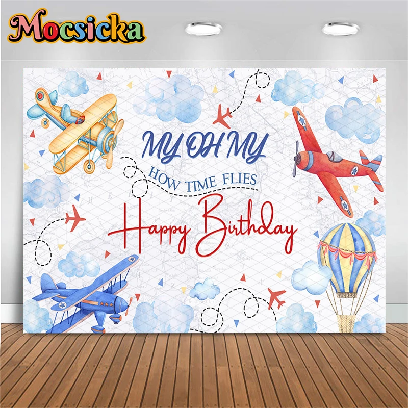 Mocsicka Airplane Happy Birthday Backdrop Tapestry Cloud World Map Photography Background Baby Shower Travel Party Decors Banner