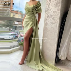 Xijun Green Mermaid Evening Dresses Sexy High Side Slit Prom Dresses Satin Prom Gowns Sleeves Off The Shoulder Prom Gowns 2023