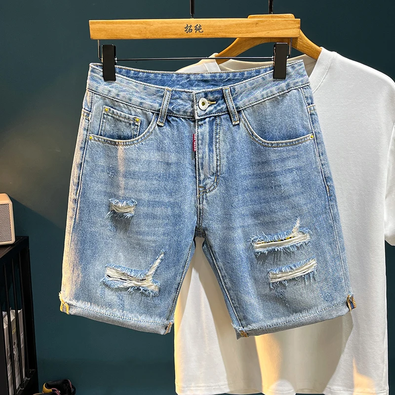 

TC175 High street tide brand jeans hole men trend simple high-end elastic Slim embroidery patches