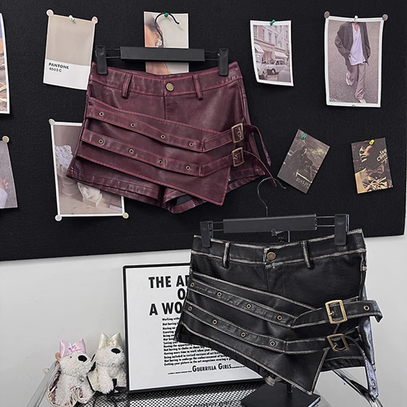 Sexy chique gesp asymmetrische lederen shorts dames Y2k streetwear laagbouw korte rok uitgaan party club wear casual bodems