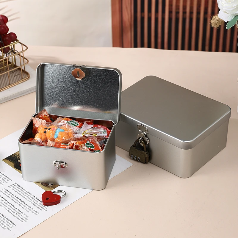 

Sliver Tin Box Lockable Small Cosmetics Jewelry Storage Box Desktop Empty Iron Box With Lock Password Container Sundries Case