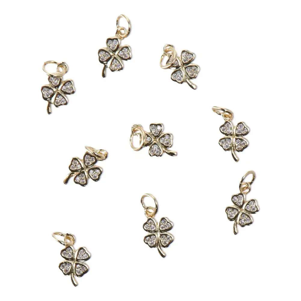 Hole Size:5mm Micro Pave Cubic Charms 11*6mm Golden Color Lucky Four Leaf Clover Charm Copper Four Leaf Clover Charms