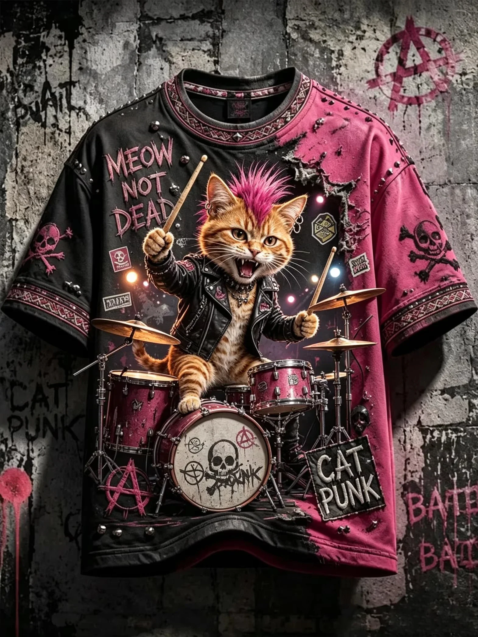 New Retro Men's Rock Punk Cat Pattern Short Sleeve T-Shirt Fashion Cool Party Daily T Shirt Casual Clothing