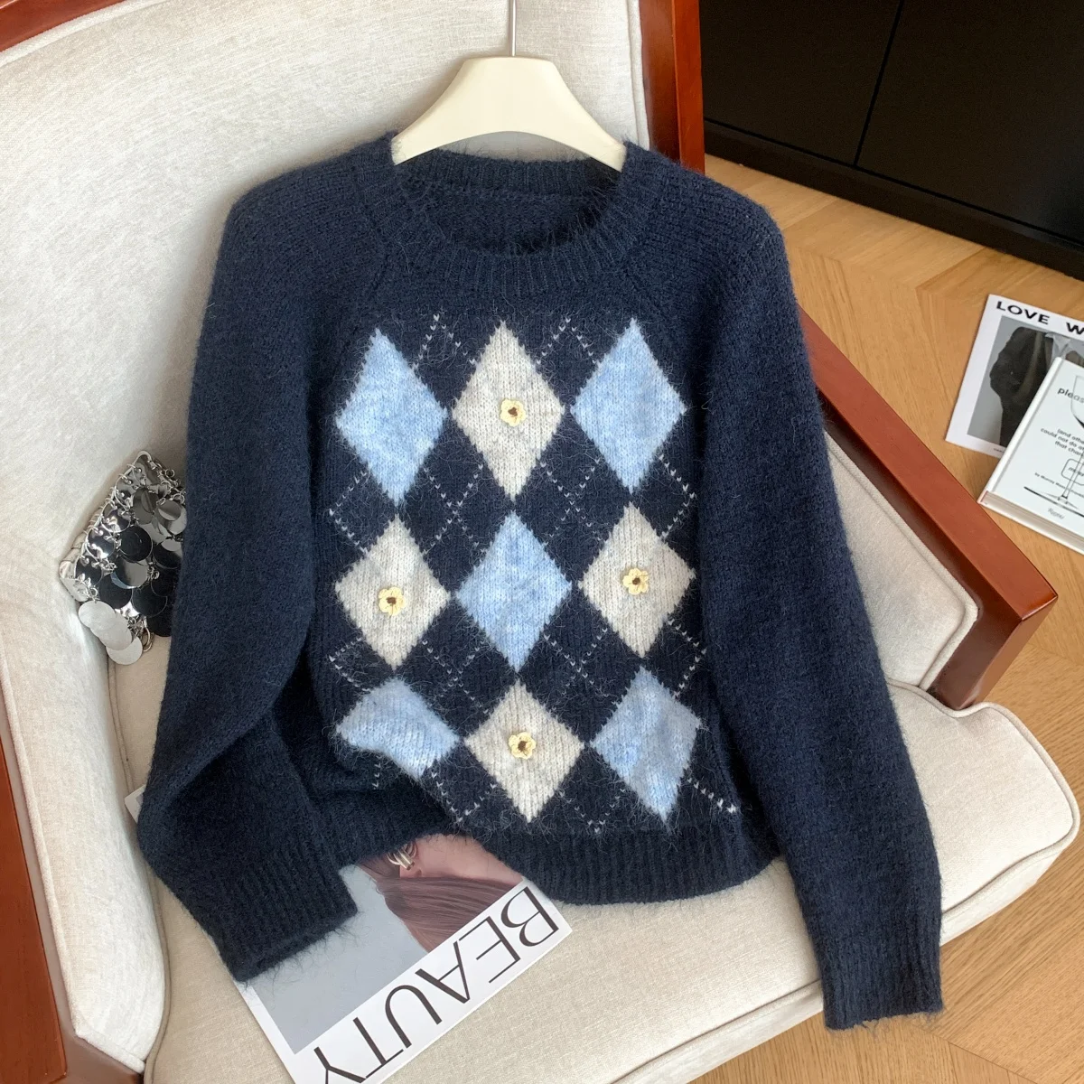 Women's Apricot Plaid Pullover Sweater Y2k Vintage 2000s Elegant Checked Jumper Knit Long Sleeves O-Neck Sweater Autumn Winter