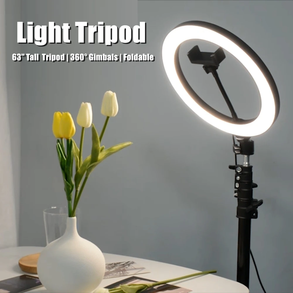 160cm/63'' Floor Tripod With 10''Ring Light LED Lamp For Mobile Phone Camera Photography Photo Studio YouTube Live Streaming