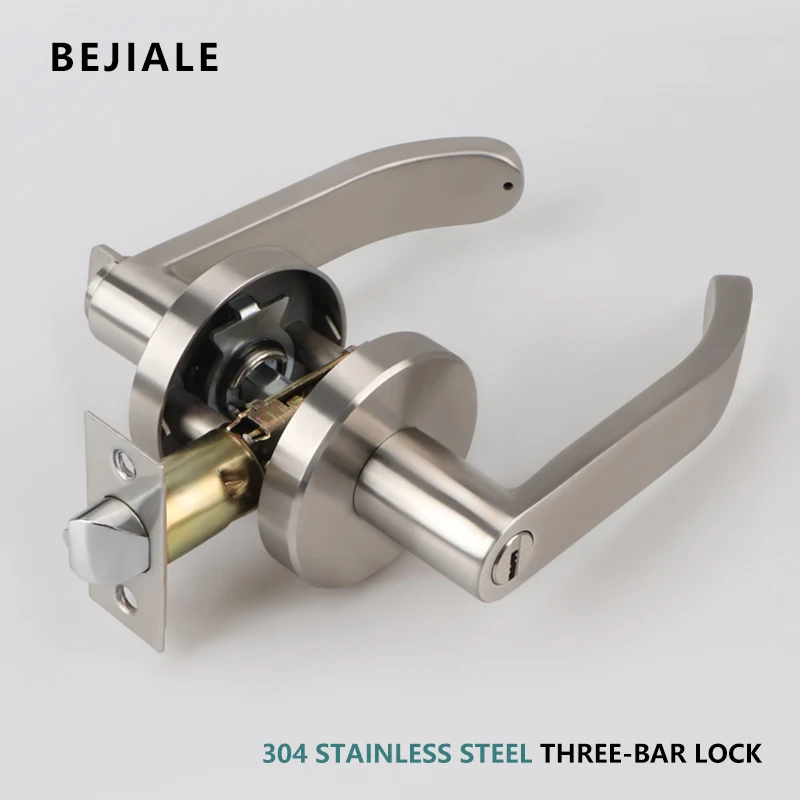 304 Stainless Steel Door Lock Three-pole Round Handle Lock Indoor Wooden Door Handle Bathroom Bedroom Mechanical Door Lock