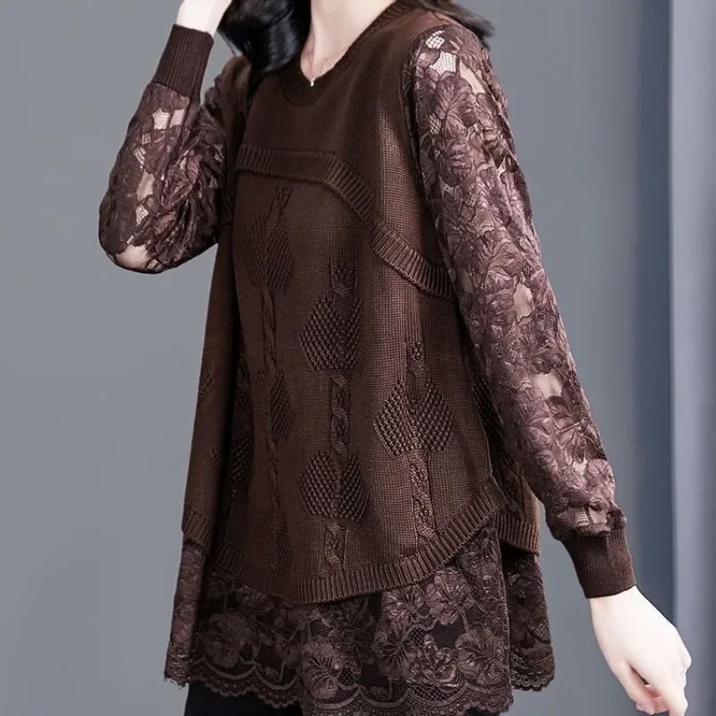 

Spring and Autumn Women's Pullover Round Neck Solid Color Patched Lace Loose Fit Long Sleeve Medium Length Underlay Fashion Tops