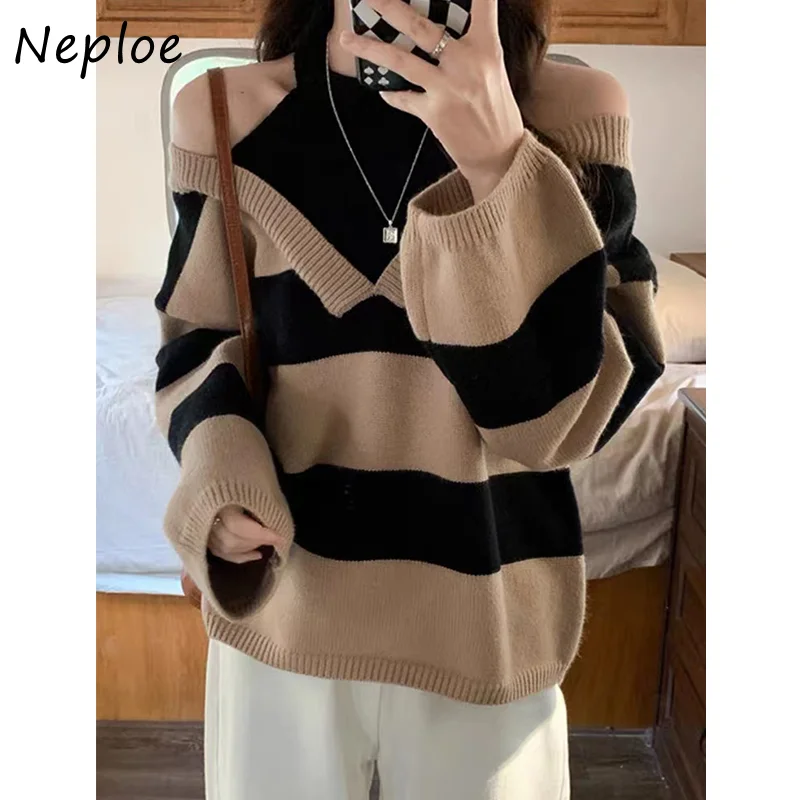 Neploe Halter Off-shoulder Fake Two Piece Pull Femme Autumn Jersey Mujer Jumpers Stripe Contrast Color Long Sleeve Sweater Y2k