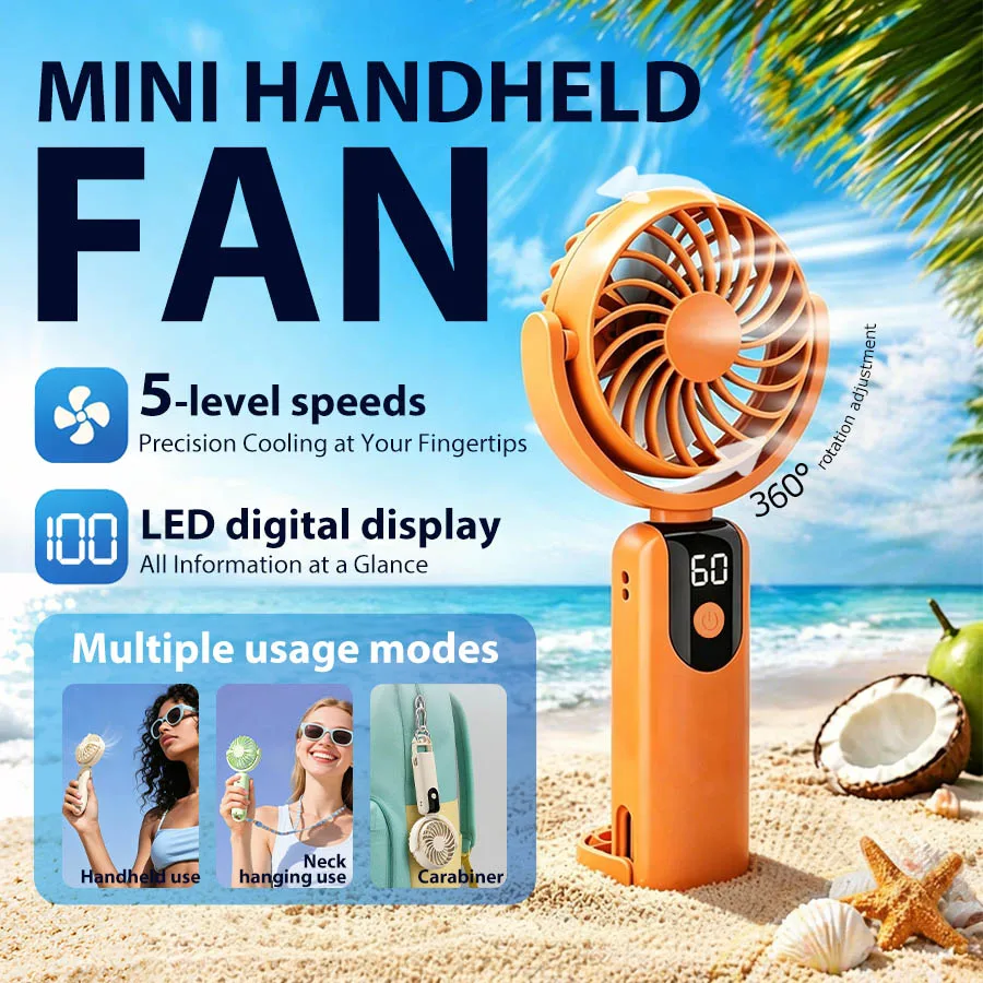 

5 Speeds Portable Handheld Fan, LED Display, 360° Adjustable, Neck/Table/Handheld Fan, Carabiner Clip, Quiet Powerful USB Fan