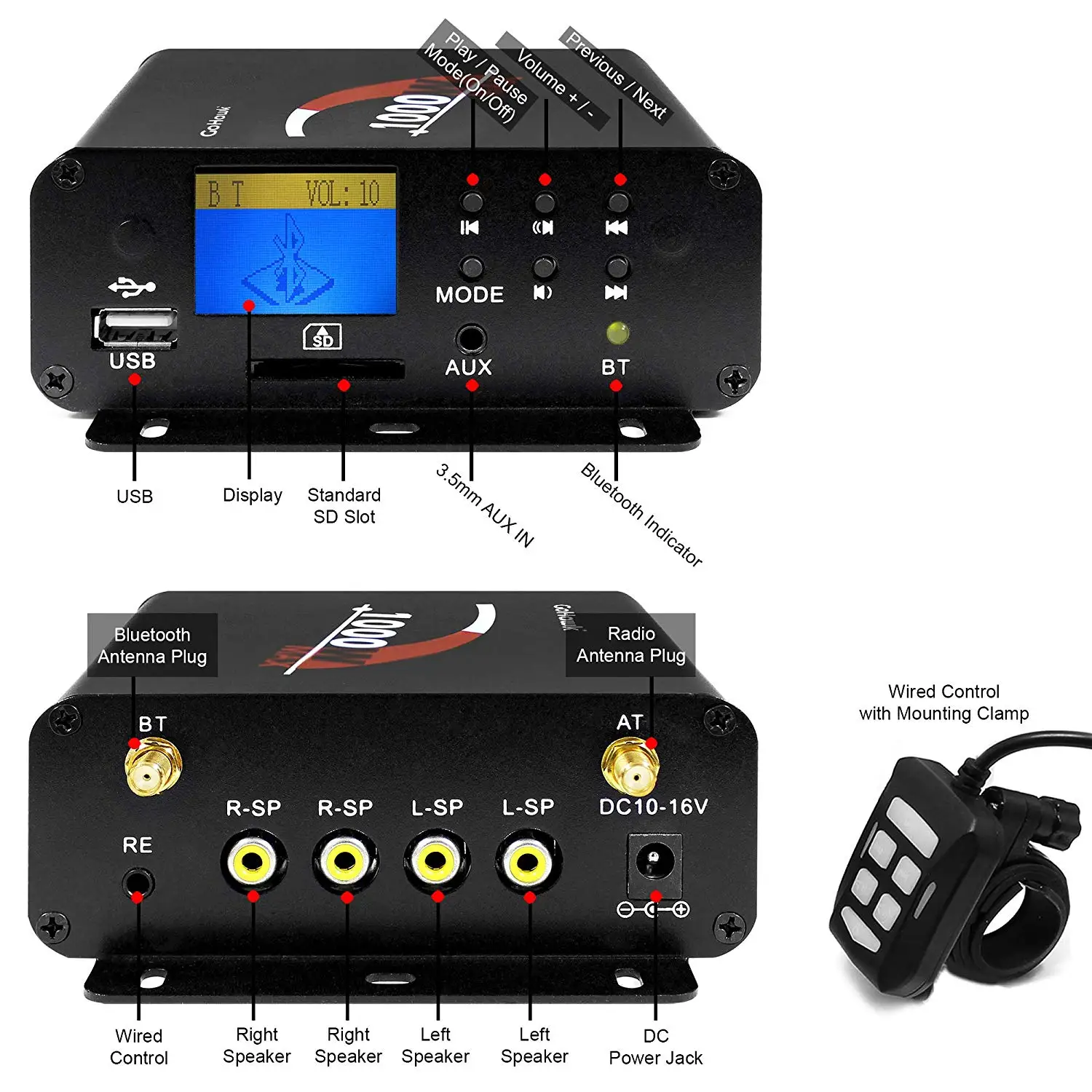 Amplificador M1000 de 1000W para motocicleta, estéreo con Bluetooth, 4 altavoces, MP3, sistema de Radio FM para motocicletas/ATV/UTV/barco