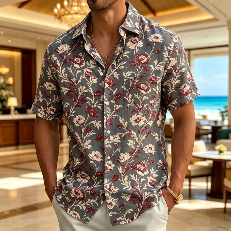 Men's Dark Green Golden Baroque Floral Print Short Sleeve Shirt Lapel Button Placket Luxe Indoor Occasion Mens Clothes