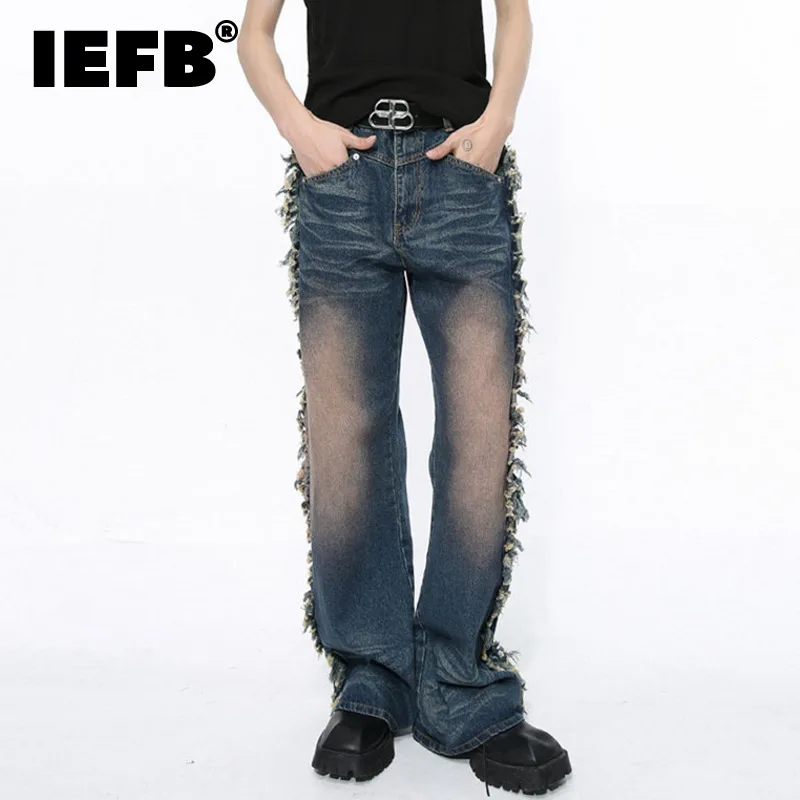 

IEFB 2024 Jeans New Tassels Straight Leg Pants Spring Summer Zipper Contrast Color High Street Male Trousers Fashion Tide 9C5255