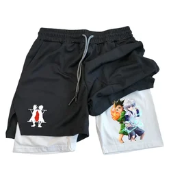 Mens 2 in 1 Running Shorts with Phone Pockets Towel Loop Anime Print Lightweight Athletic Gym Workout Compression Shorts