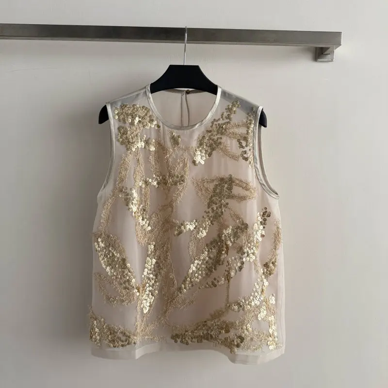 Women's Sleeveless Crew Neck Top with Sequin Embroidery and Appliqué