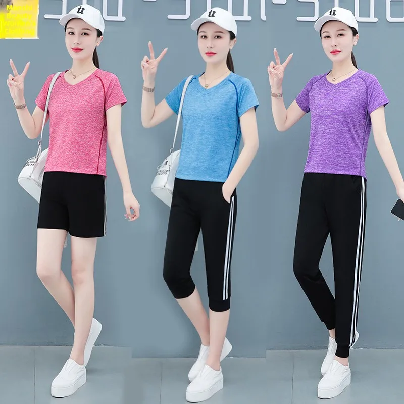 

Комплект спортивной одежды Ice Silk Qui Dry, женский летний свободный комплект для бега ort Sve orts, капри, длинные брюки, комплект из двух предметов
