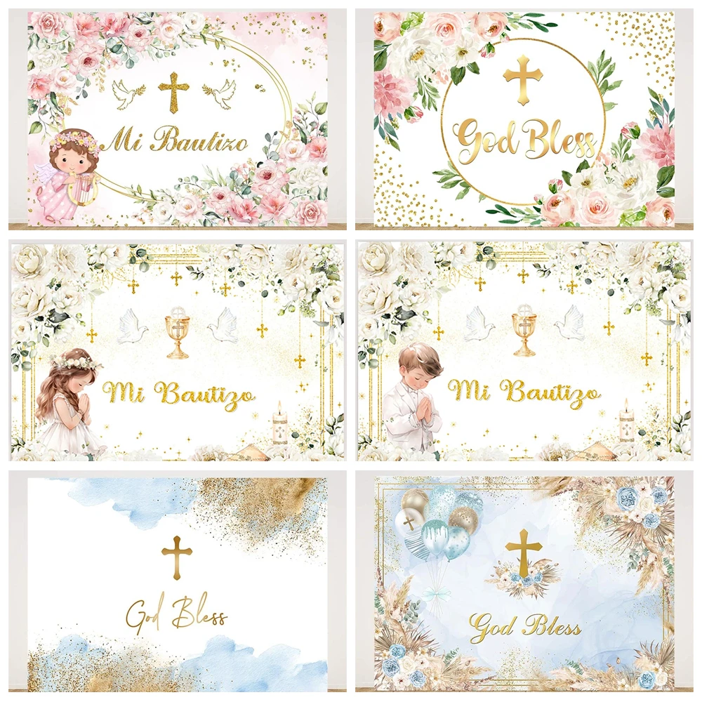 

Background of the First Communion Baptism Party Boys and Girls Flowers Peace Dove Newborn Baby Shower Photography Background