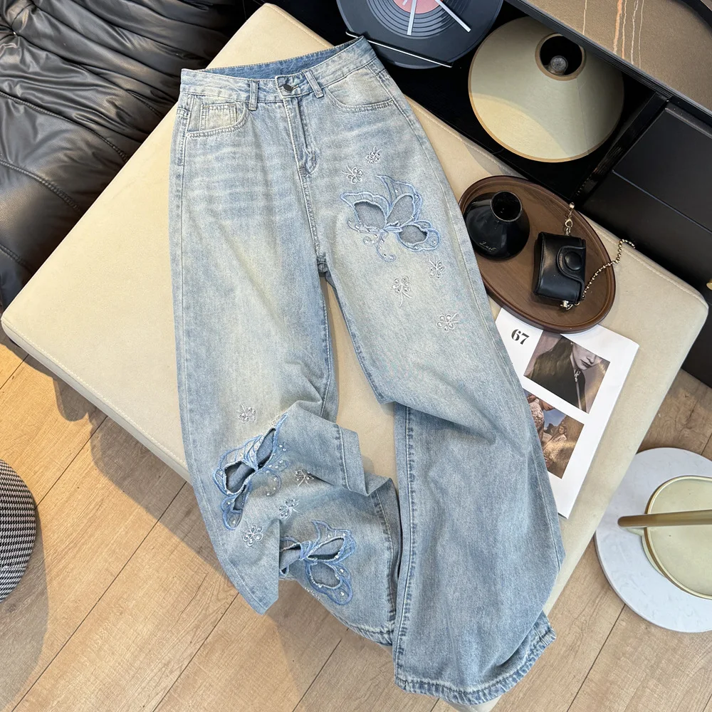 Blue Hollow Out Butterfly Embroidery Denim Pants Women's New Fashion Rhinestone High Waist Loose Jeans Vintage Straight Trousers