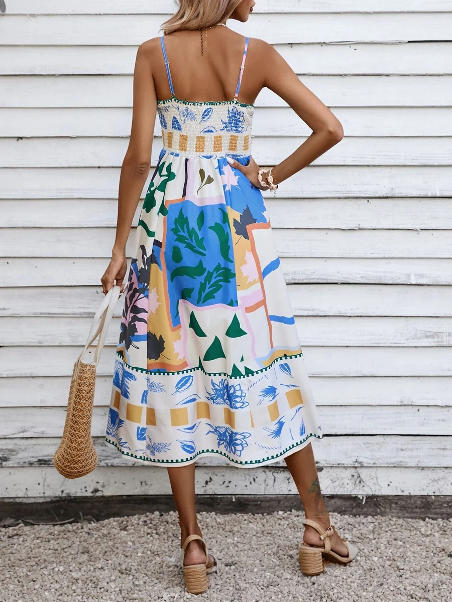 Michellecmm Vrouwen Boho Grafische Print Maxi Cami Jurk Mouwloze Backless Graffiti Lange Jurk Zwierige Zomer Vakantie Strandjurk