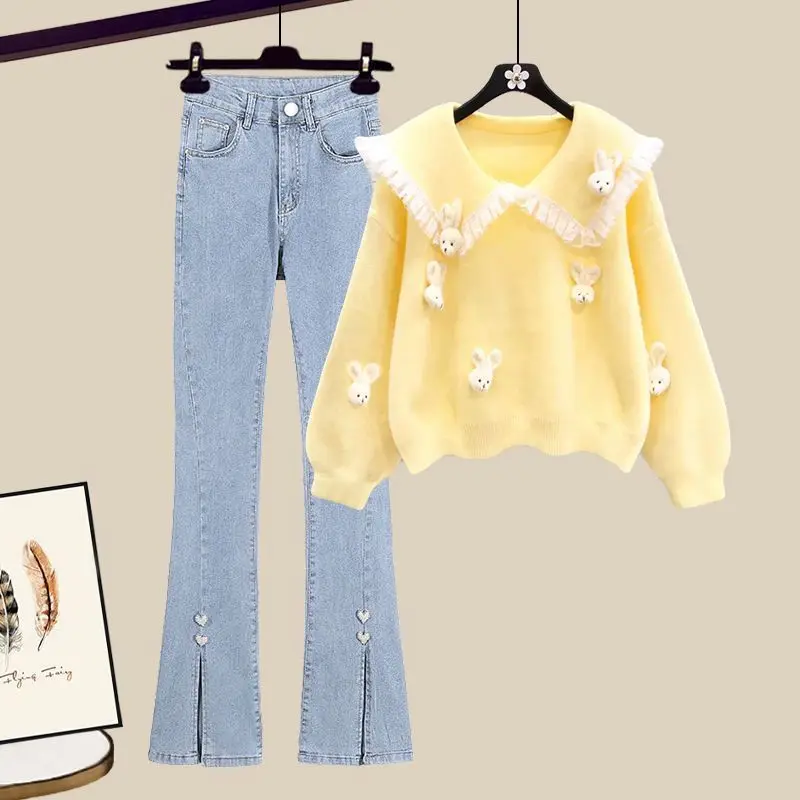 Spring and Autumn Collection 2024 New Small Fragrant Style Set Navy Collar Premium Sweater Split Jeans Women's Two Piece Set