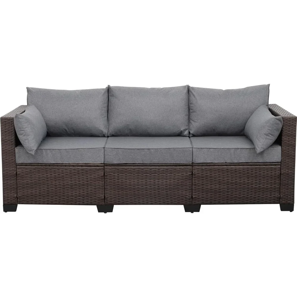 Patio Couch PE Wicker 3-Seat Outdoor Brown Rattan Sofa Deep Seating Furniture with Non-Slip