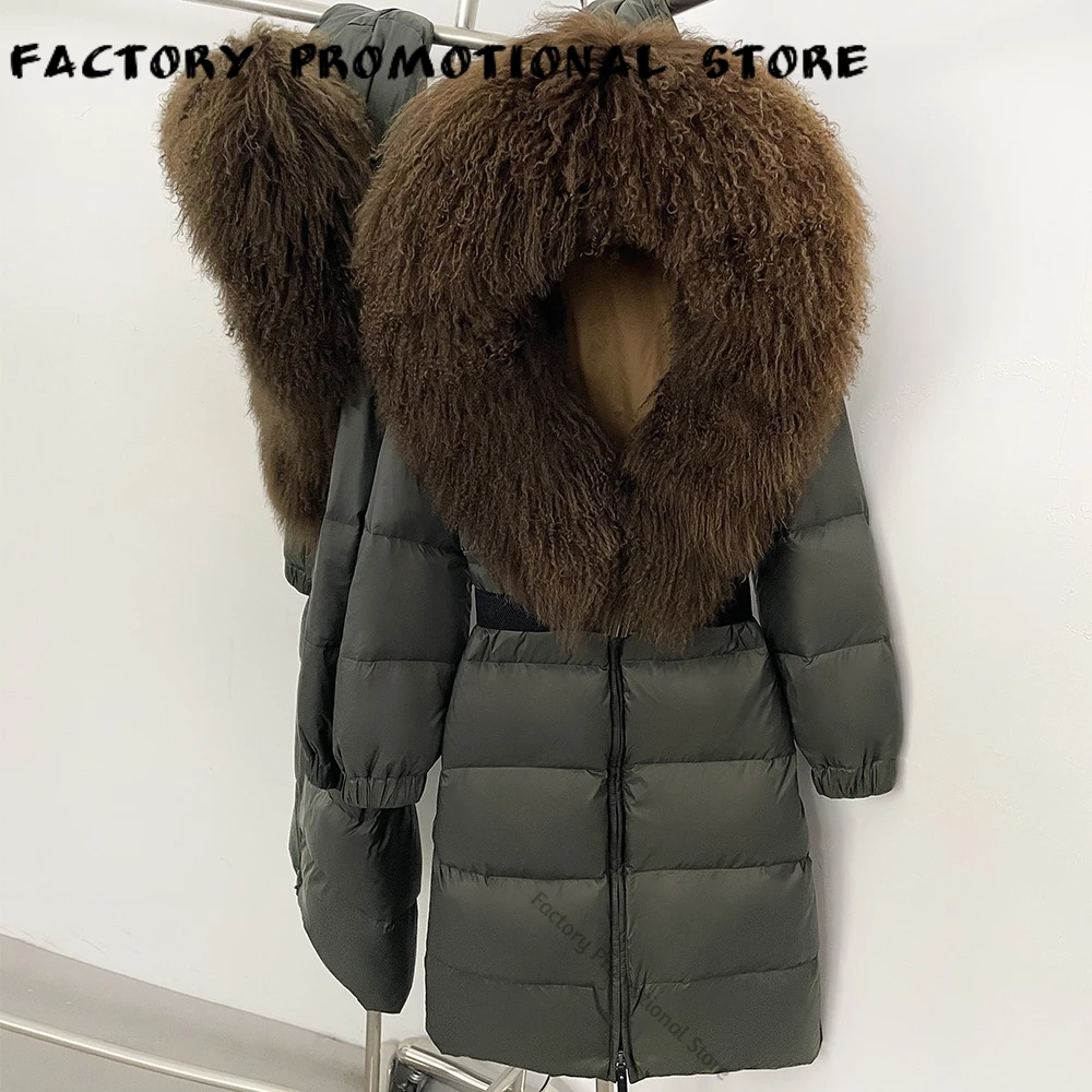 Long Down Jacket Female Warm Clothes Women Down Coat Hooded Long Length Real Mongolia Sheep Fur Collar Office Wear Snow Season
