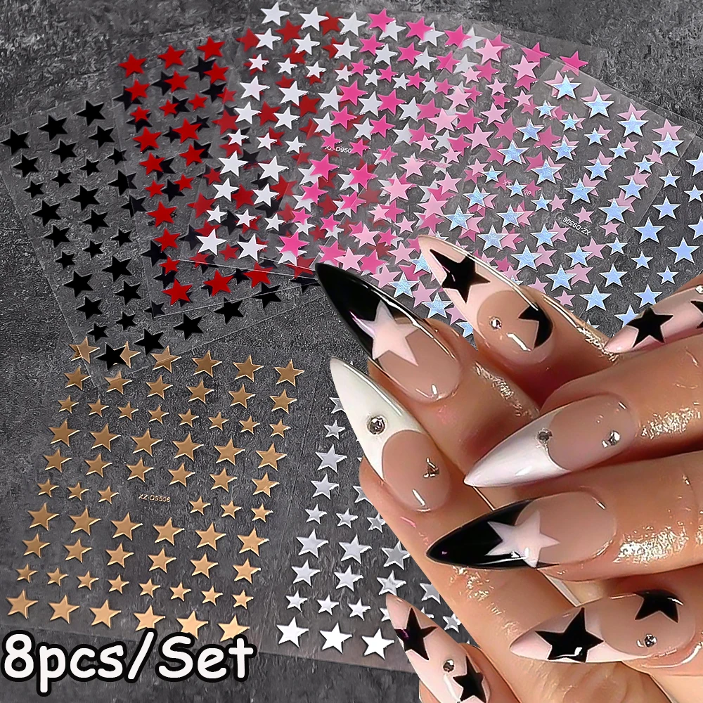 8 Uds. De pegatinas de arte para uñas mixtas con estrellas láser coloridas, calcomanías holográficas de pentagrama, decoración, calcomanías autoadhesivas para manicura DIY