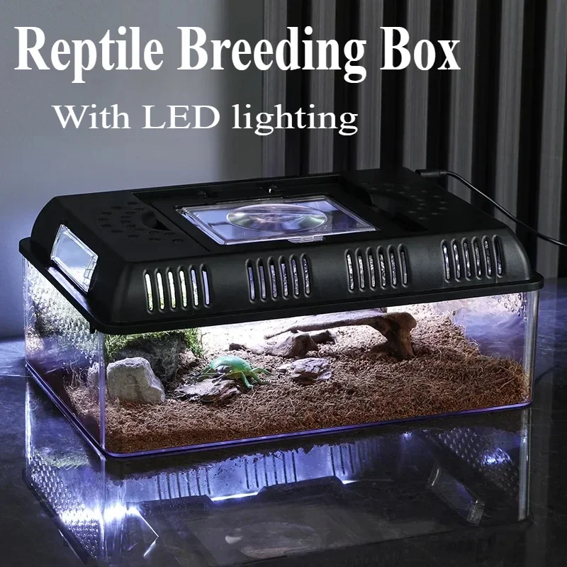 Transparent LED Light Reptile Breeding Box Anti-escape Snake Turtle Lizard Cages Pet Cage Breathable Feeding Portable Lamp Box